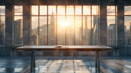 minimal workspace overlooking city skyline representing builders thinking long term