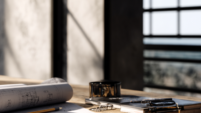 Minimal architectural workspace with notebook and blueprint plans representing the builder mindset